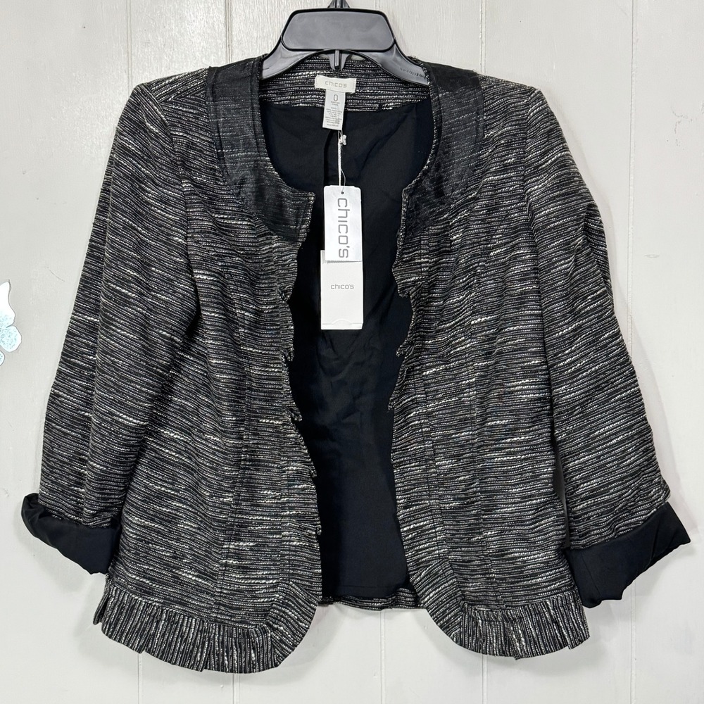 Chico's Romantic Ruffle Regie Jacket Blazer Black Optic White Size 0 (Small) NEW
